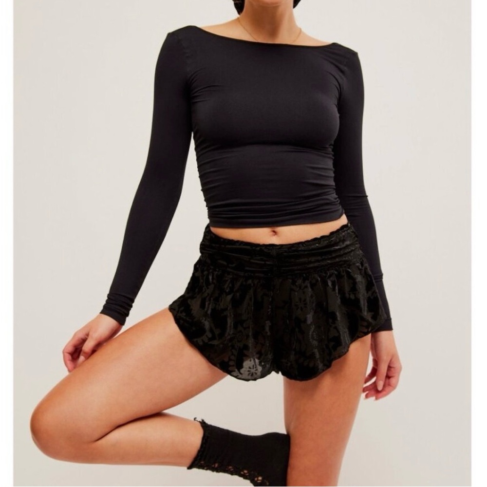 FREE PEOPLE Snow Angel Micro Shorts Floral Velvet Black Jacquard High Waist - Picture 9 of 15